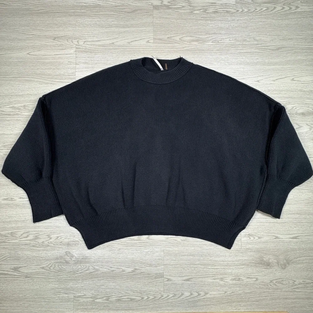 Free People Womens Small Sweater‎ Ribbed Knit Oversized Pullover Black Crew Neck